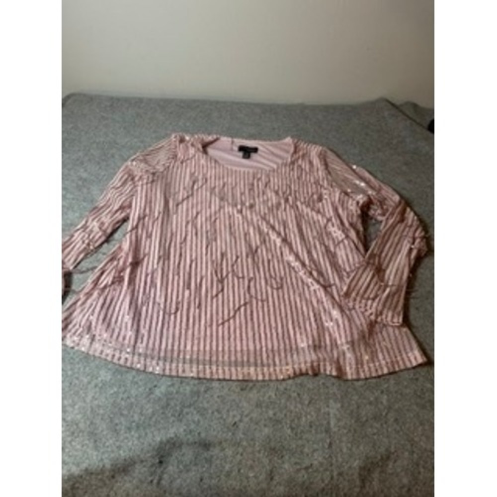 Attitudes by Renee Pink Sequin Striped Long Sleeve Mesh Blouse Top 1X Plus Size